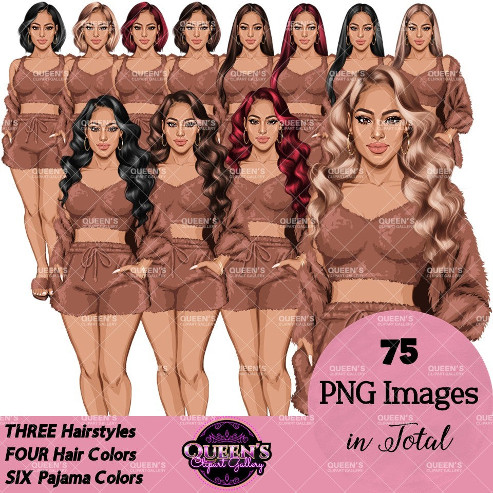Pajama woman clipart featuring fashionable women wearing brown fuzzy sleepwear sets with crop tops, shorts and cozy cardigans in multiple hairstyles and hair colors, PNG clipart with transparent backgrounds.