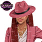 Black woman clipart with red braids, pink fedora hat, pink blazer and gold jewelry, PNG with transparent background.