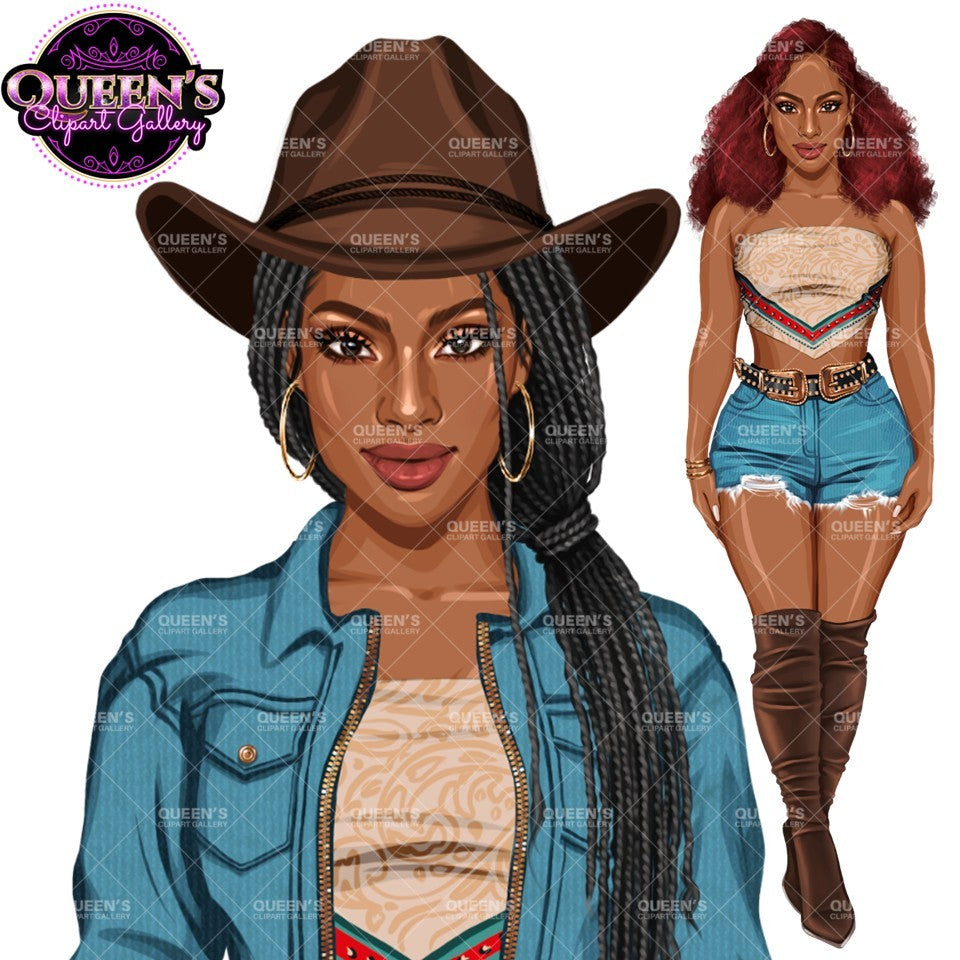 Country Girl Clipart Bundle PNG | Cowgirl Woman Clipart Bundle | Western Fashion Women PNG | Afro and White Cowgirl Clipart