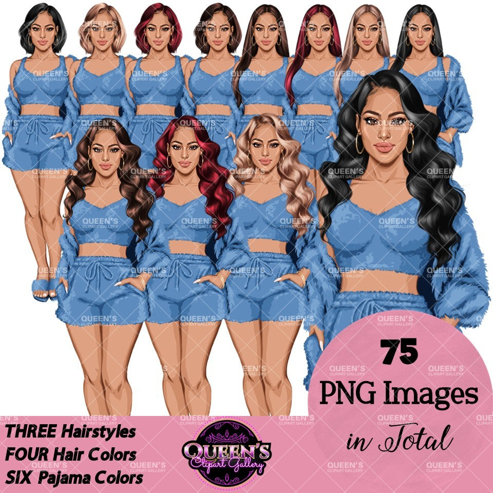 Blue fuzzy pajamas clipart featuring women in cozy sleepwear with crop tops, fuzzy shorts and matching cardigans in long, short and wavy hairstyles, PNG clipart with transparent backgrounds.
