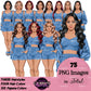 Blue fuzzy pajamas clipart featuring women in cozy sleepwear with crop tops, fuzzy shorts and matching cardigans in long, short and wavy hairstyles, PNG clipart with transparent backgrounds.