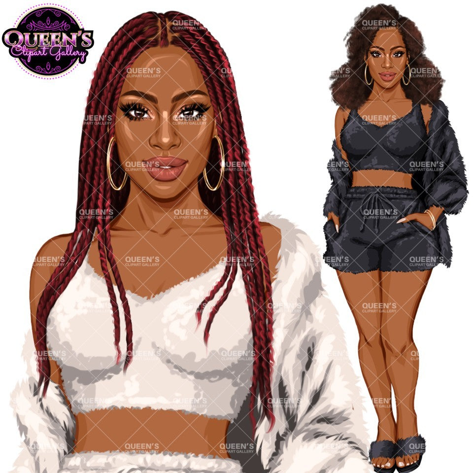Pajama Girl Clipart Bundle PNG | Cozy Sleepwear Women Clipart | Afro and White Loungewear Women | Pajama Fashion Bundle