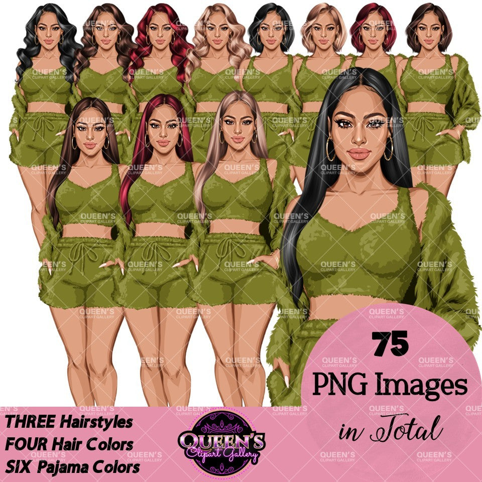 Green pajama girl clipart featuring fashionable women wearing fuzzy lounge wear with crop tops, drawstring shorts and cozy cardigans in multiple hairstyles and hair colors, PNG clipart with transparent backgrounds.