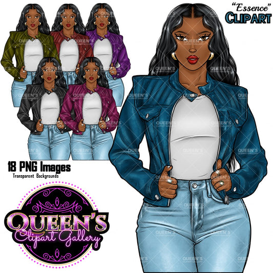 Afro Girl Clipart, Afro Woman in Leather Jacket Clipart, Fashion Girl Clipart, Fashion Illustration Clipart, Black Girl Magic, Girl Boss