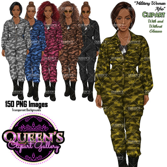 Military Female Soldier | Afro Military Woman Clipart | Female Soldier PNG | Black Military Woman Clipart | Veterans Day Graphics