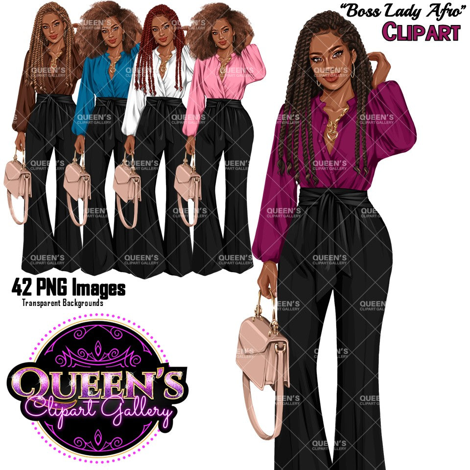 Black business woman clipart featuring Afro and long braids hairstyles, colorful blouse, black wide leg pants and handbag, boss lady PNG with transparent background.