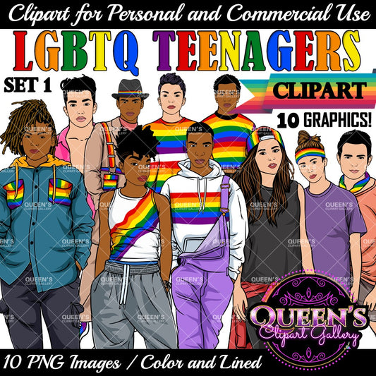 LGBTQ teen clipart collection featuring diverse teenagers in Pride rainbow clothing, inclusive LGBTQ youth PNG images with transparent backgrounds