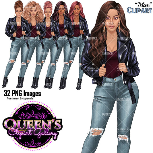 Fashion Woman Clipart | Leather Jacket Clipart | Denim Jeans Clipart | Fashion Girl PNG | Fashion Illustration