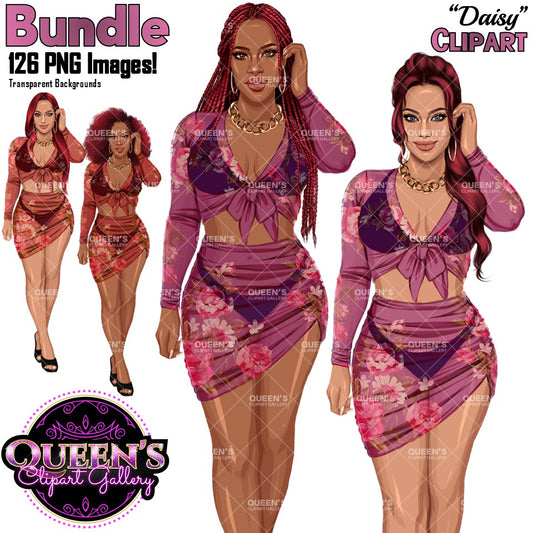 Floral swimsuit clipart PNG featuring a stylish African American woman and Non-African American woman in a floral bathing suit with sheer cover-up, multiple hairstyles, hair colors, outfit color variations, and transparent background. Fashion woman clipart PNG, stylish female illustration for planners, websites, branding, and commercial use.
