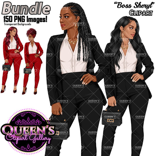Professional business African American woman bundle clipart PNG featuring a stylish African American and Non-African American female entrepreneur with multiple hairstyles, hair colors, suit color variations, and transparent background. Professional Afro and white woman clipart PNG, stylish office worker illustration for business and commercial projects, digital download.