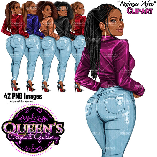 African American fashion woman clipart PNG featuring a stylish rear view woman with 2 hairstyles, 4 hair colors, 5 jacket color variations, transparent backgrounds, and black and white versions.