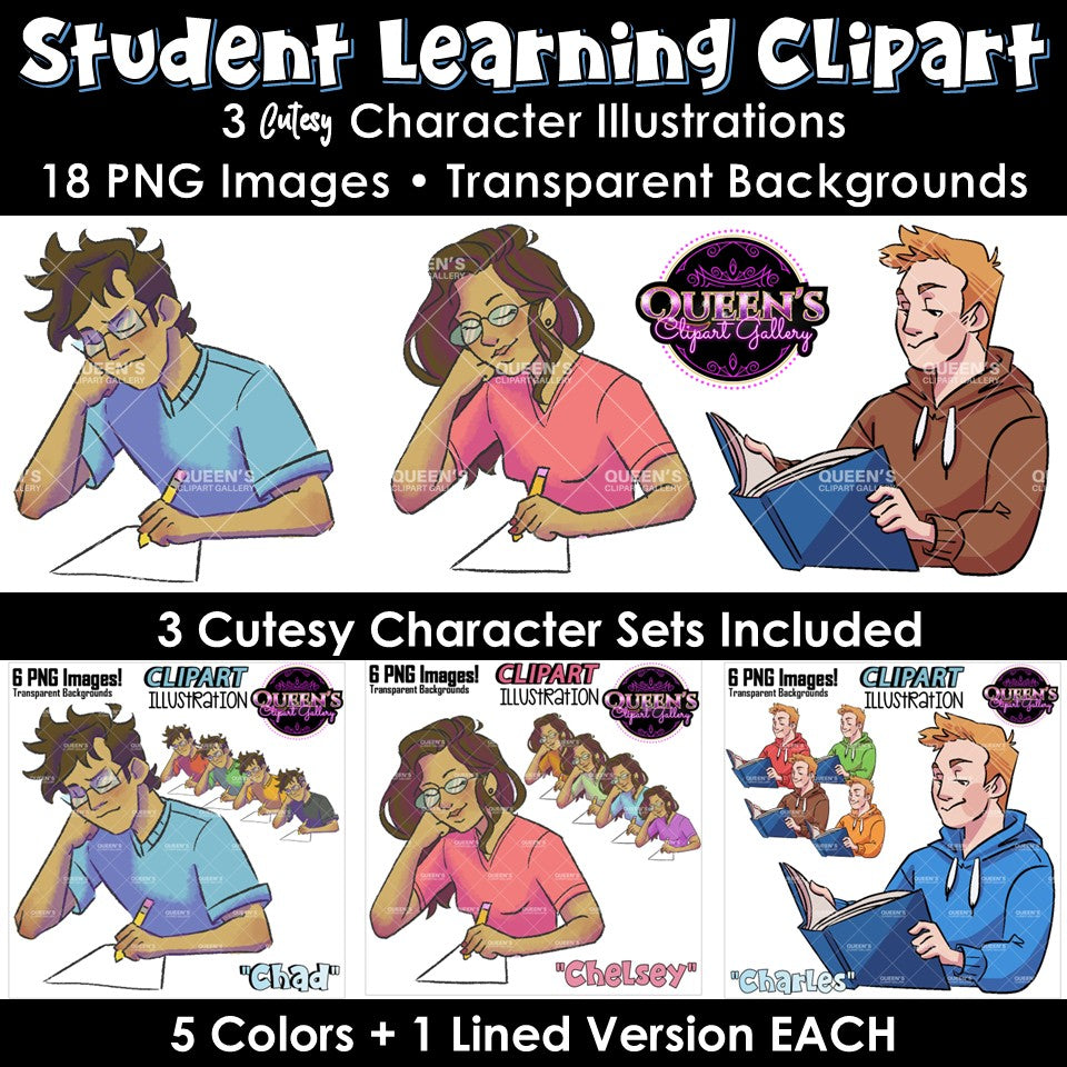Student learning clipart collection featuring three cartoon students reading and writing, with colorful character variations, lined versions, and transparent backgrounds.