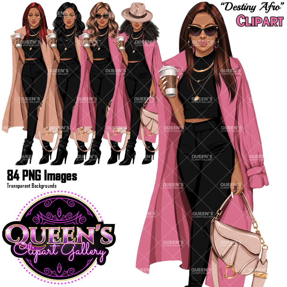 Afro Woman | Fashion Woman Clipart | Fashion Woman Clipart | Coffee Woman PNG | Trench Coat Girl Clipart | Coffee Illustration