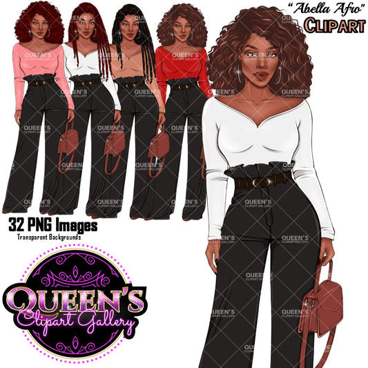 Afro Black woman clipart collection featuring long braids and curly hairstyles, stylish outfits, black wide leg pants, handbags, and transparent backgrounds