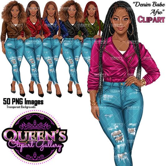 Black woman clipart wearing ripped denim jeans and colorful leather jackets with Afro hair and long braids, African American fashion woman PNG images with transparent backgrounds