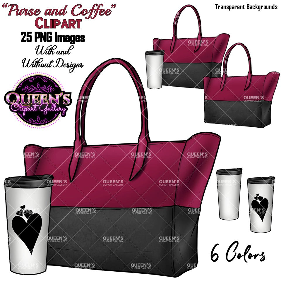 Purse and coffee clipart collection featuring burgundy and black tote bags with travel coffee cups, PNG images with transparent backgrounds.