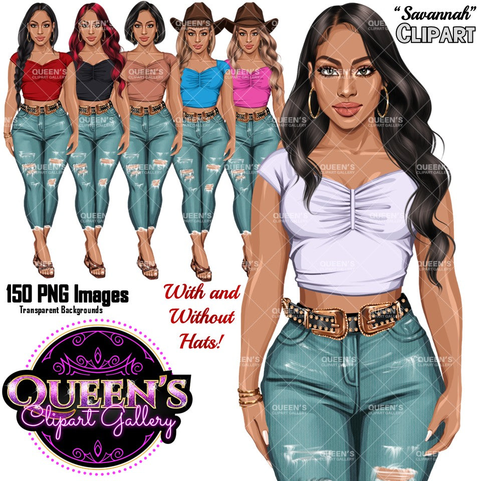 Cowgirl clipart PNG featuring a fashionable western woman with cowboy hat, multiple hairstyles, hair colors, outfit color variations, and transparent background. Woman clipart PNG, modern female illustration for planners, websites, educational resources, and commercial use.