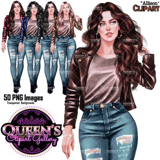 Curvy denim girl, Jeans girl clipart, Curvy girl, Woman clipart, Fashion girl clipart, Girl boss clipart, Fashion woman, Leather jacket