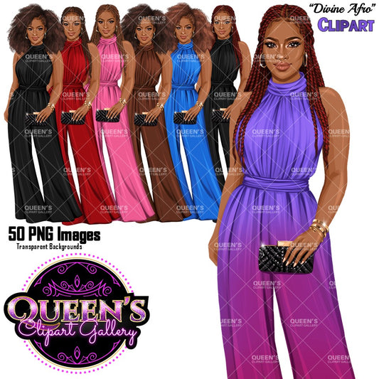 Black woman fashion clipart PNG featuring elegant Afro woman illustrations in colorful formal high-neck jumpsuits with braided and natural hairstyles, clutch purses, and transparent backgrounds.