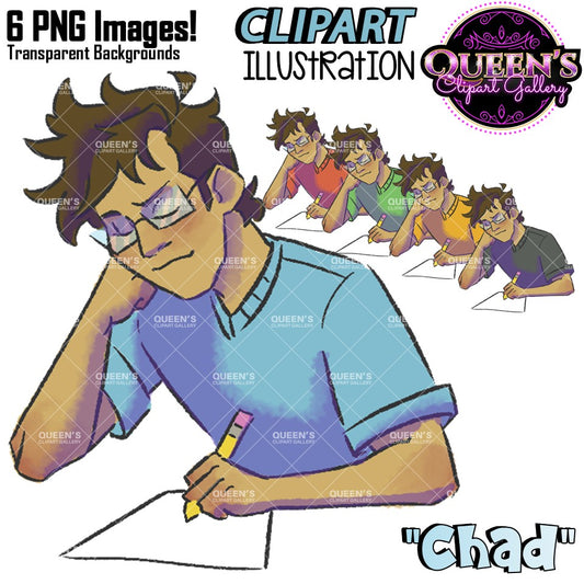 Male student writing clipart illustration with glasses, brown hair, pencil and paper, featuring colorful shirt variations and transparent backgrounds.