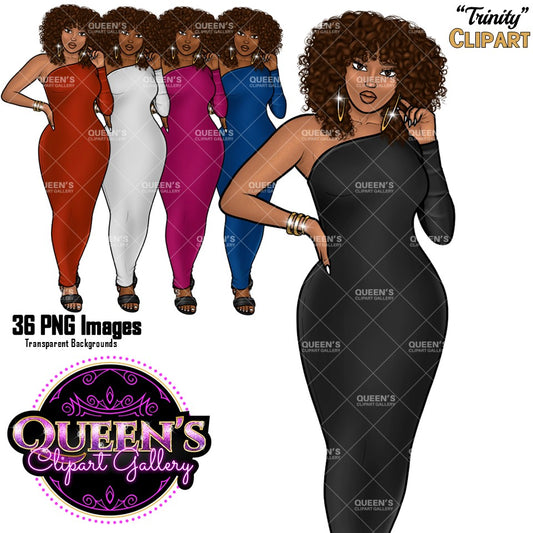 Plus size Black woman clipart collection featuring curvy women with curly hair, one shoulder dresses in multiple colors, PNG images and transparent backgrounds