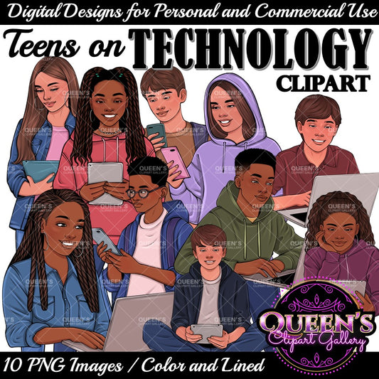 Teens on Technology Clipart, Technology Clipart, Teenagers Clipart, High School Students, Teenagers in School, Computer Clipart, Phone