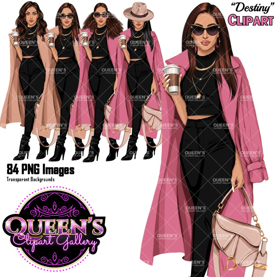 Fashion woman clipart featuring stylish woman in long pink coat, black outfit, handbag, coffee cup, sunglasses and hat, PNG images with transparent backgrounds.