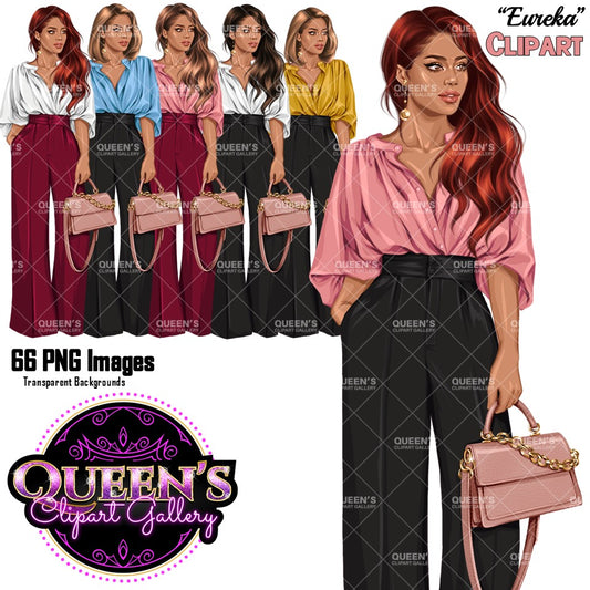 Professional woman clipart featuring stylish business woman with long red hair, colorful blouse, wide leg pants and handbag, PNG clipart with transparent background.