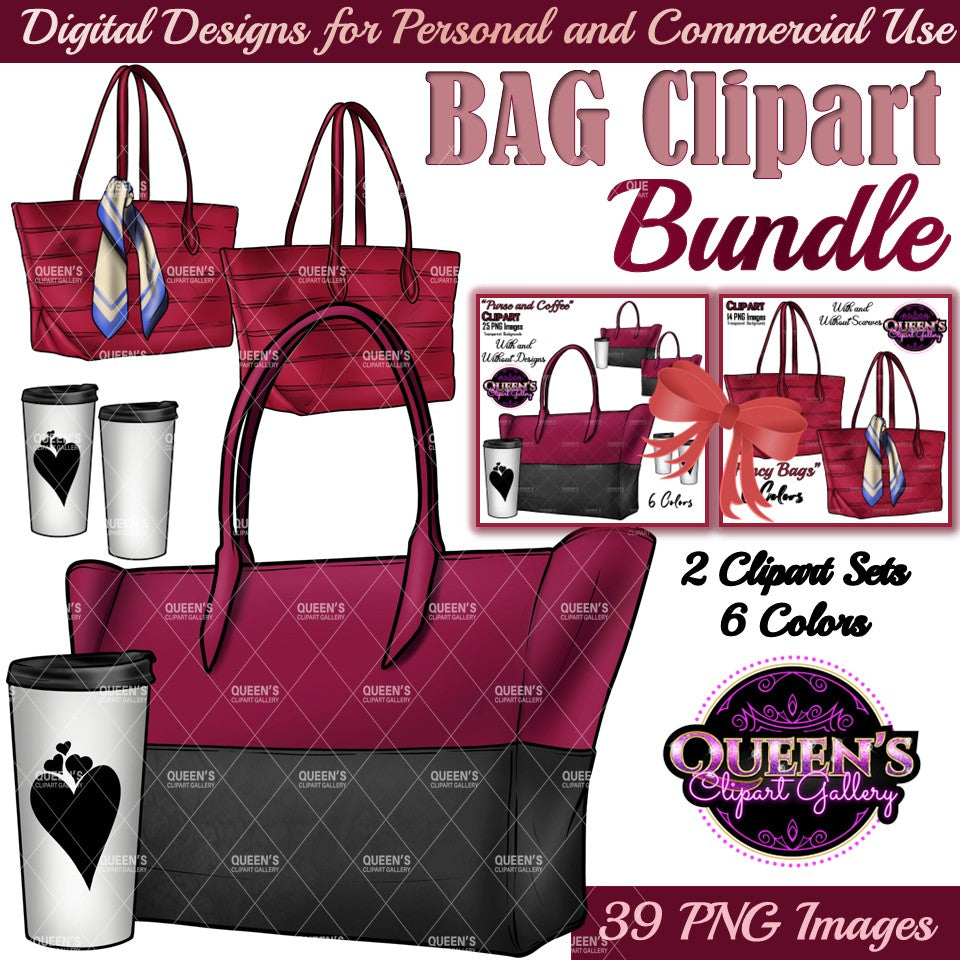 Purse and coffee clipart collection featuring burgundy and black tote bags with travel coffee cups and tumbler designs, fashion accessory PNG images with transparent backgrounds.