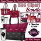 Purse and coffee clipart collection featuring burgundy and black tote bags with travel coffee cups and tumbler designs, fashion accessory PNG images with transparent backgrounds.