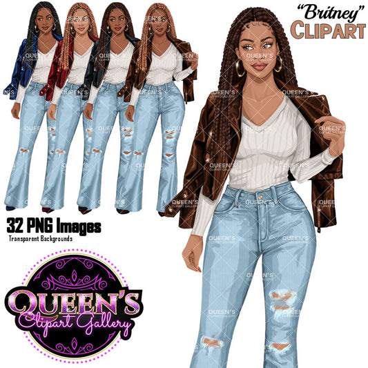 Black Woman Clipart PNG | African American Woman Clipart | Fashion Girl PNG | Leather Jacket Clipart | Denim Jeans Girl Clipart