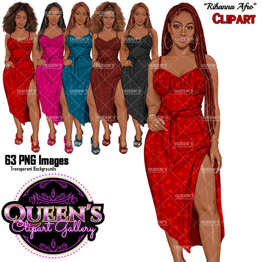 Black woman fashion clipart wearing elegant heart print midi dresses with side slits, hoop earrings and heels in multiple dress colors and hairstyles, PNG images with transparent backgrounds