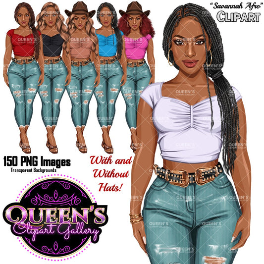 African American cowgirl clipart PNG featuring a fashionable western Afro woman with cowboy hat, multiple hairstyles, hair colors, outfit color variations, and transparent background. Black woman clipart PNG, modern female illustration for planners, websites, educational resources, and commercial use.