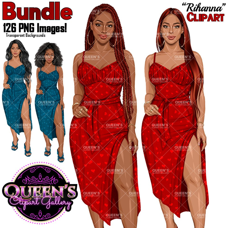 Black and White woman fashion clipart bundle featuring women wearing elegant heart print midi dresses with side slits, heels, straight hair, braids, wavy hair and afro hairstyles with transparent backgrounds.