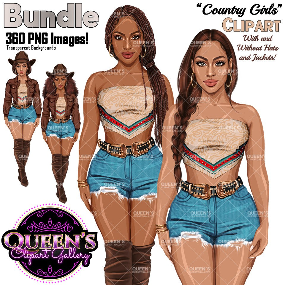 African American and Non-African American country girl clipart PNG featuring a western cowgirl black woman and white woman with cowboy hat, multiple hairstyles, hair colors, outfit color variations, and transparent background. Black woman clipart PNG and white woman clipart PNG, modern female illustration for planners, websites, educational resources, and commercial use.