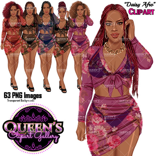 Floral swimsuit clipart PNG featuring a stylish African American woman in a floral bathing suit with sheer cover-up, multiple hairstyles, hair colors, outfit color variations, and transparent background. Fashion black woman clipart PNG, stylish female illustration for planners, websites, branding, and commercial use.