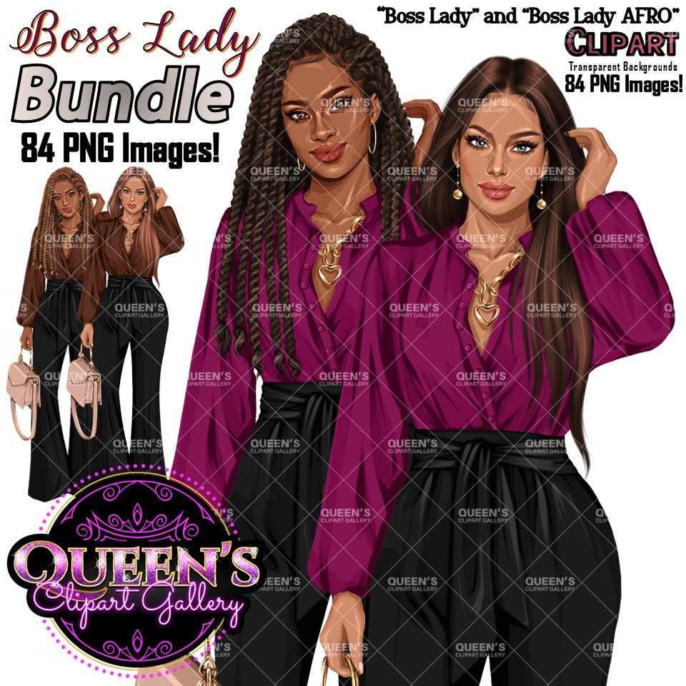 Boss Lady PNG Clipart Bundle | Stylish Business Women Clipart | Fashion Girl Graphics for Branding, Logos, Digital Products | African American Woman Clipart
