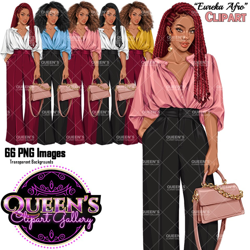 Black business woman clipart with Afro hairstyle and braids, colorful blouse, wide leg pants and pink handbag, professional woman PNG with transparent background.