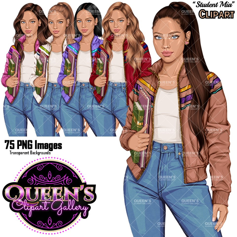 High school teen girl clipart PNG featuring a fashionable female student holding books with multiple hairstyles, hair colors, jacket color variations, and transparent background for educational projects. Teen illustration for commercial use projects and instant digital download.