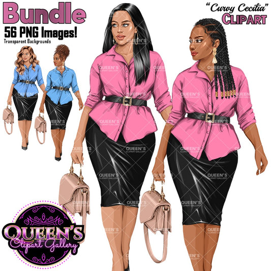 Curvy business white woman and African American woman clipart collection with professional women wearing blouse, pencil skirt, belt and handbag with transparent backgrounds.