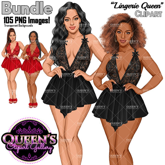 Lingerie clipart PNG featuring an African American woman and white woman in lace lingerie with multiple hairstyles, hair colors, lingerie color variations, and transparent backgrounds. Perfect for planners, websites, digital designs, social media, and commercial projects.