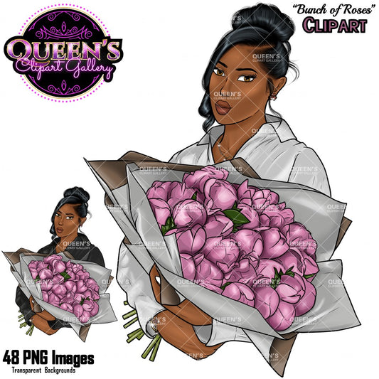 Woman With Flowers Clipart, Mother's Day Clipart, Fashion Girl Clipart, Flowers Clipart, Roses Clipart, Black Woman Clipart, Afro Woman