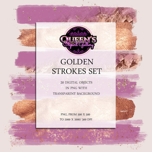 Golden Brush Stroke Clipart | Rose Gold Brush Strokes PNG | Pink Glitter Brush Elements | Metallic Texture Clipart