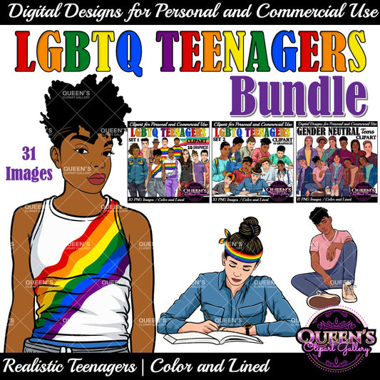LGBTQ teen clipart collection featuring diverse teenagers in Pride rainbow clothing, inclusive LGBTQ youth PNG images with transparent backgrounds