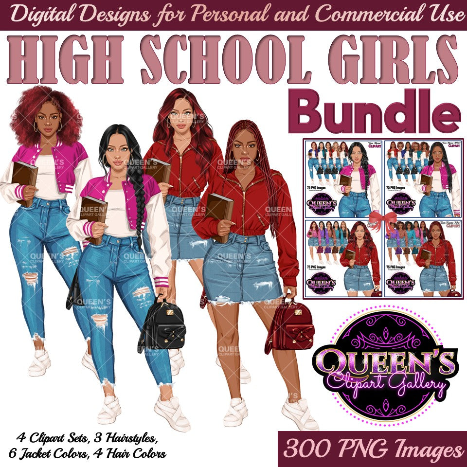 High school girl clipart bundle PNG featuring fashionable African American and Non-African American teen students with multiple hairstyles, hair colors, jacket color variations, and transparent backgrounds. High school teen clipart PNG, multicultural teenager illustration for classroom resources and educational projects.