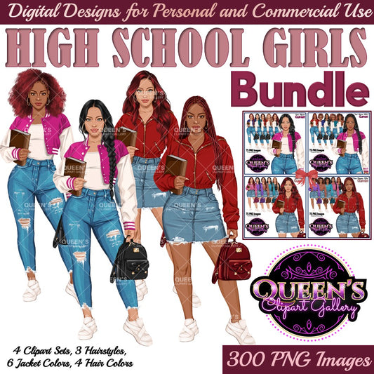 High school girl clipart bundle PNG featuring fashionable African American and Non-African American teen students with multiple hairstyles, hair colors, jacket color variations, and transparent backgrounds. High school teen clipart PNG, multicultural teenager illustration for classroom resources and educational projects.