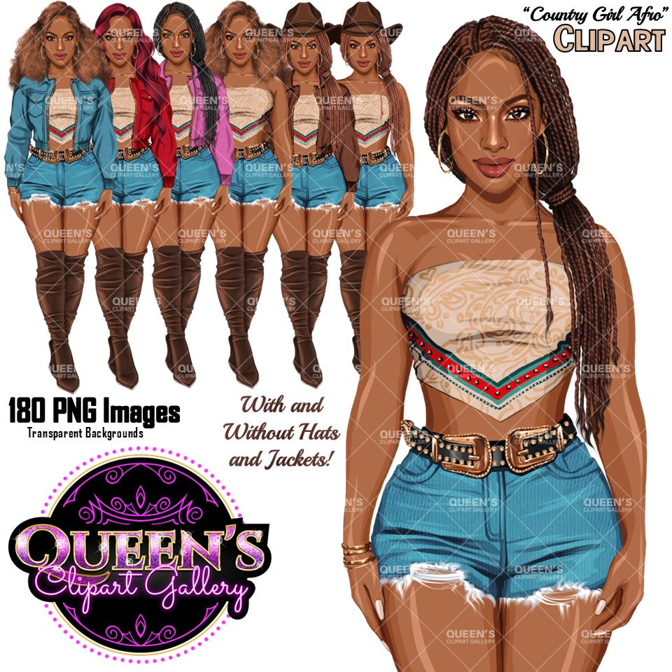 African American country girl clipart PNG featuring a western cowgirl black woman with cowboy hat, multiple hairstyles, hair colors, outfit color variations, and transparent background. Black woman clipart PNG, modern female illustration for planners, websites, educational resources, and commercial use.