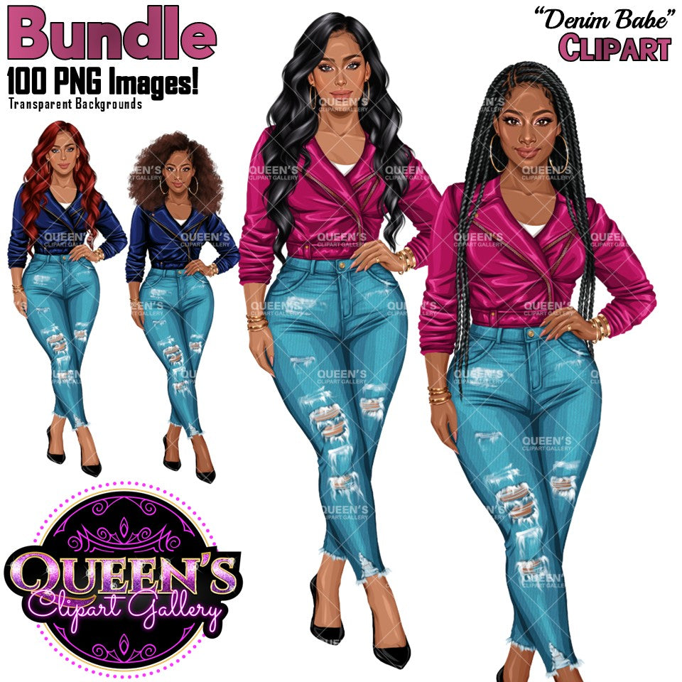 Black woman and white woman fashion clipart wearing ripped denim jeans and colorful leather jackets with braids, Afro and long hairstyles, stylish women PNG clipart with transparent backgrounds