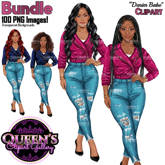 Black woman and white woman fashion clipart wearing ripped denim jeans and colorful leather jackets with braids, Afro and long hairstyles, stylish women PNG clipart with transparent backgrounds