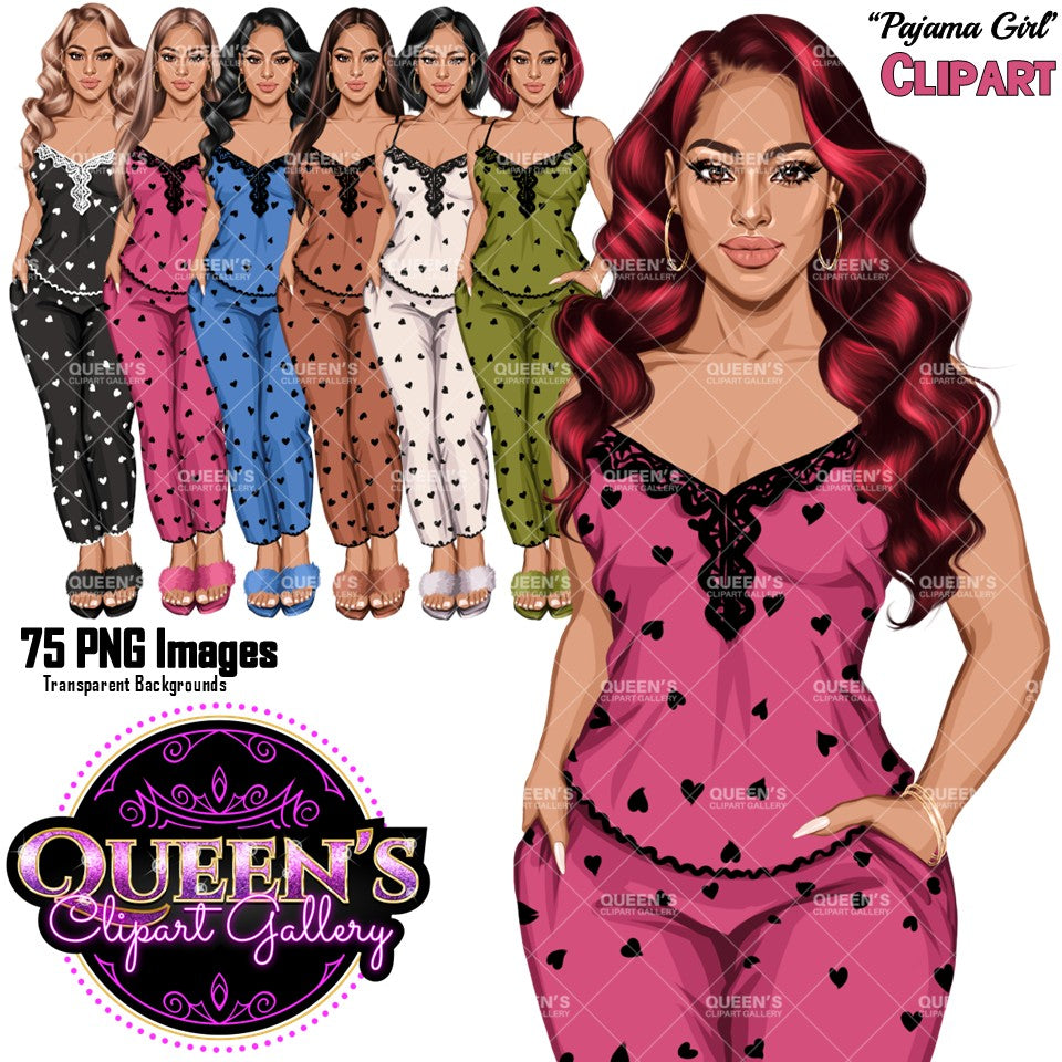 Non-African American white pajama girl clipart PNG featuring a stylish woman in heart print sleepwear with multiple hairstyles, hair colors, pajama color variations, and transparent background. Woman clipart PNG, modern female illustration for planners, websites, educational resources, and commercial use.